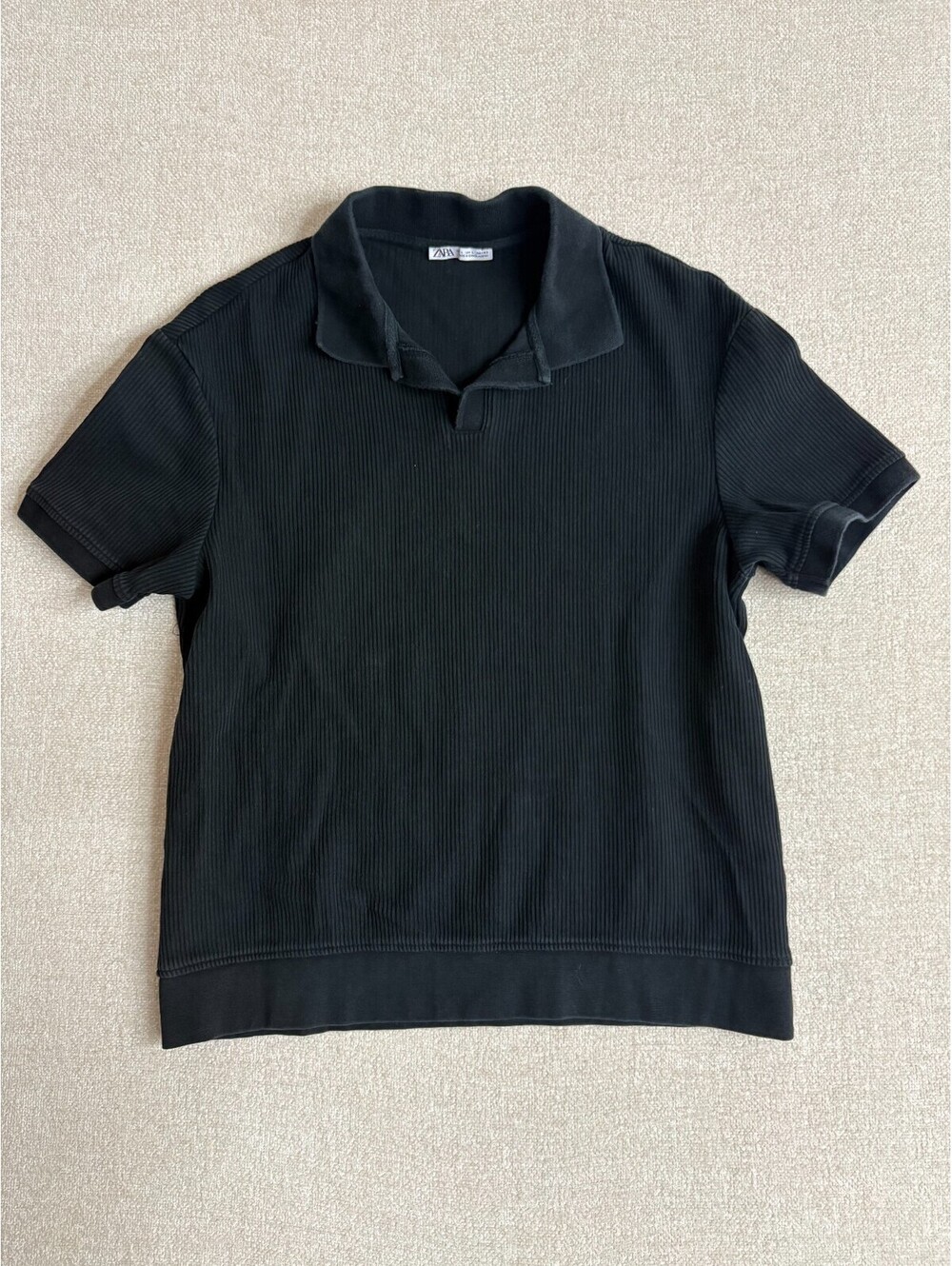 Mens Zara Black Ribbed Short Sleeve Open Collar Polo Shirt